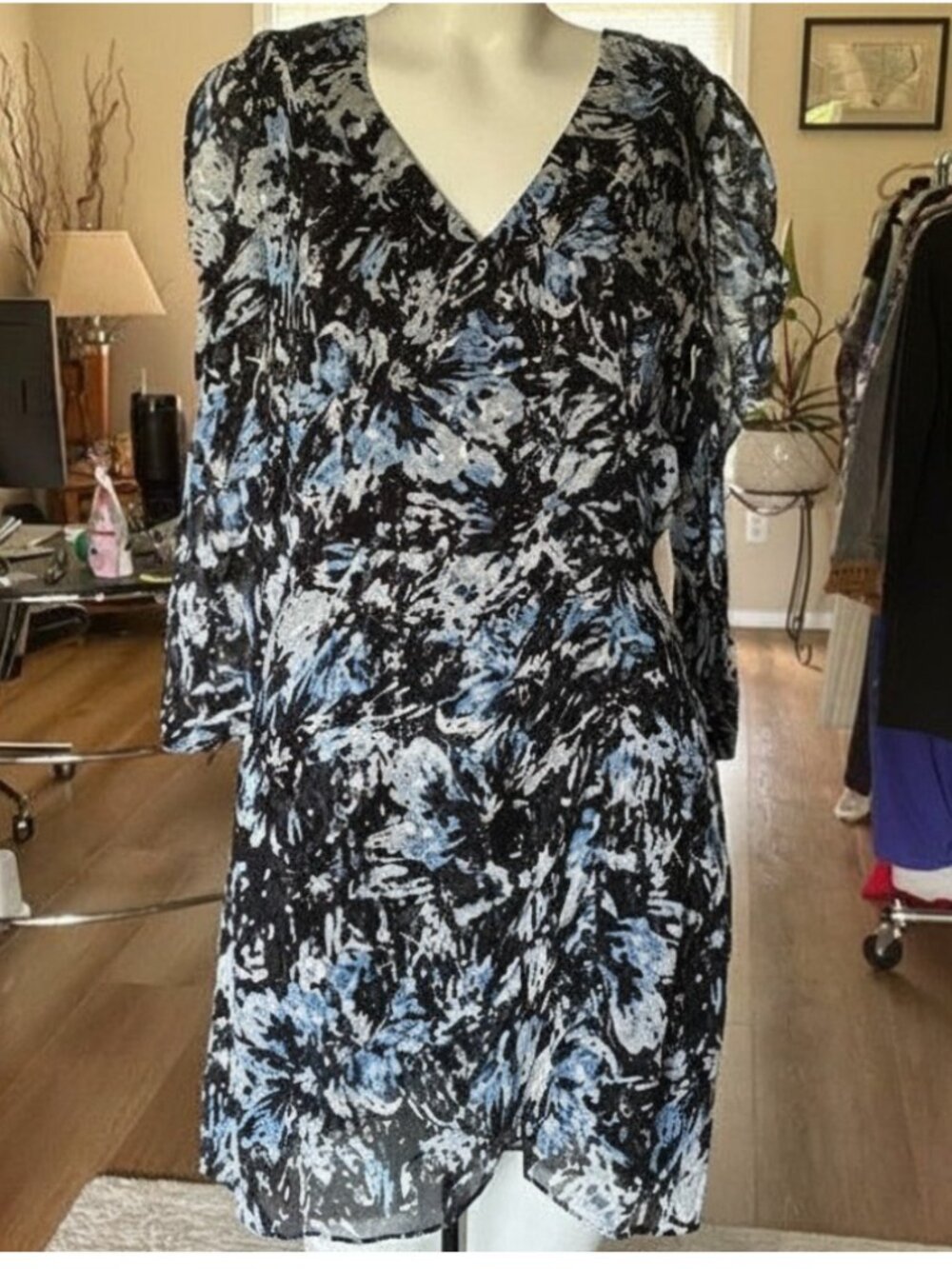 The Kooples Silk Floral Mini Dress Blue Black Puff Sleeve V-Neck Parisian Boho M